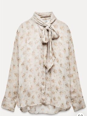 NWT ZARA FLORAL PRINT TIE NECK BUTTON UP BLOUSE TOP SZ XS